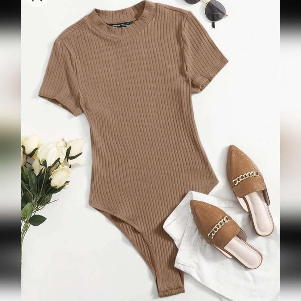 SHEIN EZwear Mocha Brown Rib-Knit Solid Bodysuit Size Women's XL 12